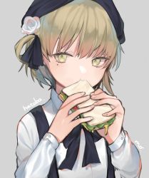 Rule 34 | 1girl, :t, blonde hair, cheese, eating, female focus, flower, food, grey background, hair flower, hair ornament, hat, hatoba tsugu, hatoba tsugu, highres, holding, holding food, lettuce, looking at viewer, mogo (nonochi0120), mole, mole under eye, rose, sandwich, simple background, solo, suspenders, upper body, white flower, white rose