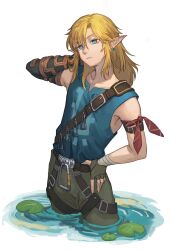 Rule 34 | 1boy, bandaged arm, bandages, blonde hair, blue shirt, closed mouth, hair between eyes, hand on own hip, highres, lemonsam, lily pad, link, long hair, male focus, nintendo, pants, pointy ears, shirt, simple background, sleeveless, sleeveless shirt, solo, the legend of zelda, the legend of zelda: tears of the kingdom, wading, water, white background