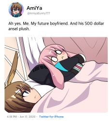 Rule 34 | 1girl, 2boys, 500 dollar four foot tall mareep (meme), :&lt;, amiya (arknights), animal ears, ansel (arknights), arknights, bed, blank eyes, blanket, blue eyes, blush stickers, brown hair, character doll, closed mouth, dated, doctor (arknights), doll, english text, fake screenshot, highres, hinghoi, holding, holding doll, hood, hood down, hug, jacket, looking at another, lying, meme, multiple boys, rabbit ears, text focus, twitter