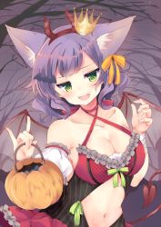 Rule 34 | 1girl, \m/, animal ears, bare shoulders, bat hair ornament, blush, breasts, cleavage, clothing cutout, collarbone, commentary request, crown, demon girl, demon horns, demon tail, demon wings, detached sleeves, fake horns, fang, green eyes, hair ornament, hair ribbon, hairband, halloween, highres, horns, irone (miyamiya38), jitome, large breasts, looking at viewer, mini crown, navel, navel cutout, open mouth, original, purple hair, ribbon, smug, solo, tail, wavy hair, wings