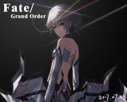 Rule 34 | 1girl, altera (fate), back, bare shoulders, black background, blunt bangs, breasts, closed mouth, commentary request, copyright name, dark-skinned female, dark skin, detached sleeves, fate/grand order, fate (series), from behind, grey hair, hair between eyes, head tilt, highres, light rays, looking at viewer, red eyes, short hair, small breasts, solo, standing, tan, ten no hoshi