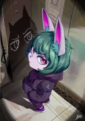 Rule 34 | 1girl, animal ear fluff, animal ears, b.sa (bbbs), bbbs, closed mouth, colored skin, elevator, eyeshadow, from above, green hair, hands in pockets, hood, hood down, hoodie, league of legends, living shadow, looking at viewer, makeup, purple eyes, purple eyeshadow, purple footwear, purple hoodie, purple skin, shadow, shoes, short hair, signature, sneakers, standing, vex (league of legends), yordle