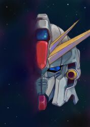 Rule 34 | absurdres, blue eyes, dissolving, f91 gundam, gundam, gundam f91, head only, highres, looking at viewer, mecha, mobile suit, no humans, robot, science fiction, space, star (sky), v-fin, yukikaze (isamiashi)