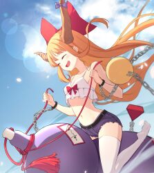 Rule 34 | 1girl, absurdres, blue sky, bow, chain, closed eyes, commentary, crop top, cuffs, from side, full body, gourd, hair bow, highres, horn bow, horn ornament, horns, ibuki suika, long hair, navel, oeyama, open mouth, orange hair, orb, outdoors, purple bow, pyramid (structure), red bow, shackles, shirt, sitting, sky, smile, solo, thighhighs, touhou, very long hair, white shirt, white thighhighs