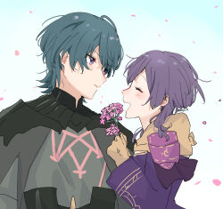 Rule 34 | 1boy, 1girl, armor, bernadetta von varley, black armor, blue hair, blush, bob cut, byleth (fire emblem), byleth (male) (fire emblem), closed eyes, closed mouth, commentary request, fire emblem, fire emblem: three houses, flower, gloves, highres, holding, holding flower, long sleeves, looking at another, nintendo, open mouth, partial commentary, pink flower, profile, purple eyes, purple hair, sakura no yoru, simple background, smile, white background, yellow gloves