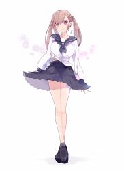 Rule 34 | + +, 1girl, absurdres, arms at sides, black footwear, blue skirt, brown eyes, brown hair, chon (chon33v), commentary request, crossed legs, floral background, full body, highres, long sleeves, looking at viewer, neckerchief, original, pleated skirt, school uniform, serafuku, shoes, skirt, smile, solo, twintails, watson cross, white background