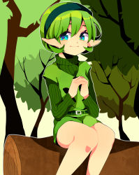 Rule 34 | 1girl, absurdres, blue eyes, green hair, hairband, highres, nintendo, own hands clasped, own hands together, pointy ears, saria (zelda), seitarou, shinjou yuusei, short hair, sitting, smile, solo, the legend of zelda, the legend of zelda: ocarina of time