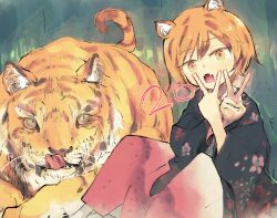 Rule 34 | 1girl, 2022, animal, animal ears, black hair, black kimono, blush, chinese zodiac, double v, fangs, floral print, japanese clothes, kimono, long sleeves, looking at viewer, multicolored hair, open mouth, orange eyes, orange hair, original, short hair, tiger, tiger girl, tongue, v, whiskers, wide sleeves, yasushi, year of the tiger