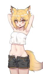 Rule 34 | 1girl, :o, absurdres, animal ear fluff, animal ears, arknights, armpits, arms behind head, arms up, bare shoulders, black shorts, blonde hair, blush, breasts, collarbone, commentary request, cowboy shot, crop top, crop top overhang, fang, fox ears, fox tail, groin, hair between eyes, hair ornament, hairclip, highres, korean commentary, kumarang, looking at viewer, midriff, navel, notched ear, open fly, open mouth, short hair, shorts, simple background, small breasts, solo, standing, stomach, strapless, tail, tube top, vermeil (arknights), white background, yellow eyes