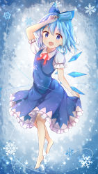 Rule 34 | 1girl, :d, absurdres, arm up, barefoot, blue bow, blue dress, blue eyes, blue hair, blush, bow, cirno, collared shirt, commentary request, dress, food, frilled dress, frills, full body, glowing, hair between eyes, hair bow, highres, holding, holding food, ice, ice wings, neck ribbon, open mouth, popsicle, puffy short sleeves, puffy sleeves, red ribbon, ribbon, shirt, short sleeves, sleeveless, sleeveless dress, smile, snowflakes, solo, stick jitb, touhou, white shirt, wings