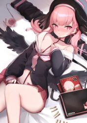 Rule 34 | 1girl, absurdres, black shirt, black wings, blue archive, blush, bolt action, breasts, bullet, cartridge, closed mouth, collarbone, commentary request, feathered wings, groin, gun, highres, knee up, koharu (blue archive), long hair, long sleeves, looking at viewer, low wings, neckerchief, nekoya (liu), off shoulder, p14 enfield, pink hair, pink neckerchief, pleated skirt, puffy long sleeves, puffy sleeves, red eyes, red skirt, revision, rifle, sailor collar, shirt, skirt, sleeves past wrists, small breasts, solo, twintails, weapon, white sailor collar, wings