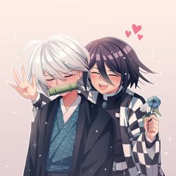 Rule 34 | 2boys, ahoge, bamboo, bit gag, black hair, black jacket, blue flower, blush, checkered clothes, checkered kimono, cheer (cheerpuppy14), closed eyes, commentary, cosplay, cosplay request, danganronpa (series), danganronpa v3: killing harmony, english commentary, flower, gag, gradient background, grey background, grey hair, hair between eyes, hand up, haori, heart, highres, holding, holding flower, jacket, japanese clothes, k1-b0, kamado nezuko, kamado nezuko (cosplay), kimetsu no yaiba, kimono, long sleeves, male focus, multiple boys, oma kokichi, open mouth, smile, sparkle, sweat, upper body, waving, wide sleeves