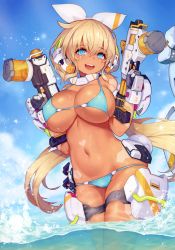 Rule 34 | 1girl, :d, absurdres, aqua bikini, aqua eyes, bikini, black gloves, blonde hair, blue bikini, blue eyes, blue sky, blush, bow, breasts, cameltoe, cleavage, cowboy shot, curvy, dark-skinned female, dark skin, day, dual wielding, facial mark, gloves, gun, hair between eyes, hair bow, hair ribbon, hands up, headgear, heart, highres, holding, holding weapon, holster, huge filesize, large breasts, light brown hair, long hair, looking at viewer, low twintails, mecha musume, navel, nidy, ocean, open mouth, original, outdoors, ribbon, scan, skindentation, sky, smile, solo, swimsuit, tan, teeth, thigh holster, thigh strap, twintails, underboob, undersized clothes, very long hair, wading, water gun, weapon, wet, white bow