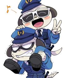 Rule 34 | 2boys, :d, ^ ^, baton (weapon), black footwear, black necktie, blank eyes, blue jacket, blue pants, blue vest, blush stickers, brothers, carrying, clenched teeth, closed eyes, daimon kenshirou, daimon koushirou, furry, furry male, glasses, hat, highres, jacket, meerkat boy, multiple boys, musical note, necktie, odd taxi, omochiutyu, open mouth, pants, piggyback, police, police hat, police uniform, shaking, shirt, siblings, smile, snout, spoken musical note, sweat, tail, teeth, uniform, v, v-shaped eyebrows, vest, walkie-talkie, weapon, white-framed eyewear, white background, white fur, white shirt