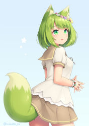 Rule 34 | 1girl, animal ear fluff, animal ears, blue background, blush, bow, bracelet, fox ears, fox tail, green eyes, green hair, jewelry, looking at viewer, original, own hands together, profile, sailor collar, sasaame, school uniform, serafuku, short hair, solo, tail, twitter username, yellow bow