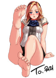 Rule 34 | 1girl, bad id, bad pixiv id, barefoot, blonde hair, blue eyes, blush, character request, cyphers, feet, foot focus, highres, korean text, leg up, legs, long hair, ndgd, smile, soles, solo, toes