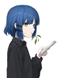 Rule 34 | 1girl, black shirt, blue hair, bocchi the rock!, branch in mouth, cellphone, collared shirt, commentary, hair ornament, hairclip, hand up, highres, long sleeves, looking at viewer, nekoreito, phone, profile, shirt, short hair, simple background, smartphone, solo, upper body, white background, yamada ryo, yellow eyes