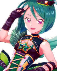 Rule 34 | 1girl, :d, bare shoulders, black gloves, character name, cleavage cutout, clothing cutout, fingerless gloves, fishnets, gloves, green hair, hand up, hat, highres, hizuki (hiduki6121), idol clothes, kiratto pri chan, looking at viewer, midorikawa sara, mini hat, open mouth, pink eyes, pink gemstone, pretty series, salute, short hair, simple background, smile, solo, star (symbol), two-finger salute, upper body
