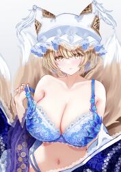 Rule 34 | 1girl, alternate costume, animal ears, blonde hair, blue bra, blush, bra, breasts, cleavage, closed mouth, collarbone, fox ears, fox tail, hat, highres, large breasts, looking at viewer, mob cap, multiple tails, navel, sarasadou dan, short hair, simple background, solo, tail, touhou, underwear, white background, white hat, yakumo ran, yellow eyes