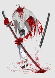 Rule 34 | black hair, blood, blood on clothes, blood on face, blood on ground, blood on hands, demon, footprints, full body, grey background, highres, holding, holding sword, holding weapon, horns, japanese clothes, katana, kimono, long sleeves, obi, okobo, original, pale skin, red eyes, sandals, sash, scabbard, sheath, simple background, single horn, skirt, sword, toriseka, weapon, white background, white kimono, white sash, white skirt, wide sleeves
