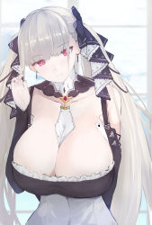 Rule 34 | adjusting hair, arm behind back, azur lane, bare shoulders, between breasts, breasts, cleavage, detached collar, dress, earrings, formidable (azur lane), frilled dress, frills, grey hair, hair ribbon, head tilt, highres, jewelry, large breasts, light smile, long hair, pen (pen3), red eyes, ribbon, solo, twintails, two-tone dress, two-tone ribbon, upper body, very long hair