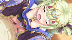 Rule 34 | age difference, animated, animated gif, bare shoulders, blush, bottomless, bouncing breasts, breasts, censored, closed eyes, downblouse, green hair, heavy breathing, held up, legend clover, narrow waist, nipples, open mouth, robe, sex, slender, small breasts, tsukuyomi (legend clover)