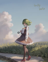 Rule 34 | 1girl, absurdres, black pantyhose, blue sky, cloud, commentary, full body, grass, green hair, guilty merlin, high heels, highres, kazami yuuka, long sleeves, looking to the side, outdoors, pantyhose, plaid, plaid skirt, plaid vest, red eyes, red footwear, red skirt, red vest, shirt, short hair, signature, skirt, sky, solo, touhou, vest, white shirt