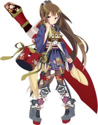 Rule 34 | 1girl, bottle, brown hair, full body, hair ornament, kiya machi, long hair, official art, orange eyes, oshiro project:re, oshiro project:re, pantyhose, ponytail, solo, transparent background, very long hair, water bottle, weapon, weapon on back, yoita (oshiro project)