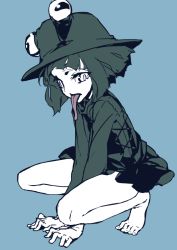 Rule 34 | 1girl, arm support, barefoot, between legs, blue background, bottomless, cross-laced clothes, feet, flat chest, flat color, from side, full body, hat, horizontal pupils, legs, long sleeves, long tongue, looking at viewer, monochrome, moriya suwako, pyonta, shirt, short hair, simple background, slit pupils, solo, spot color, spread legs, squatting, thupoppo, toes, tongue, tongue out, touhou, turtleneck, v arms, white eyes