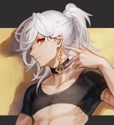 Rule 34 | 1boy, arm up, black border, black choker, black shirt, border, choker, closed mouth, collarbone, commentary request, cyno (genshin impact), dark-skinned male, dark skin, earrings, fingernails, genshin impact, gold, gold earrings, grey hair, hair between eyes, hand up, highres, jewelry, looking at viewer, male focus, nail polish, nashi (ykns), outside border, ponytail, red eyes, shadow, shirt, short sleeves, simple background, single earring, solo, t-shirt, upper body, white nails, yellow background