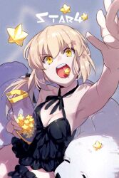 Rule 34 | 1girl, alternate costume, animal, armpits, artoria pendragon (all), artoria pendragon (fate), black dress, black ribbon, blonde hair, breasts, cavall the 2nd, cleavage, closed mouth, commentary request, dog, dress, eating, echo (circa), fate/grand order, fate (series), hair between eyes, hair ribbon, long hair, medium breasts, open mouth, ponytail, ribbon, saber alter, short dress, strapless, strapless dress, teeth, tongue, upper teeth only, white dog, yellow eyes