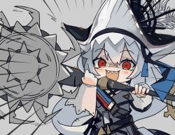Rule 34 | 1girl, aqa, arknights, black dress, black headwear, blush, blush stickers, chibi, circular saw, commentary request, dress, emphasis lines, excited, grey background, grey hair, hair between eyes, highres, holding, holding weapon, long hair, looking at viewer, open mouth, red eyes, saw, sharp teeth, shoulder strap, simple background, smile, solo, specter (arknights), specter the unchained (arknights), teeth, upper body, upper teeth only, weapon