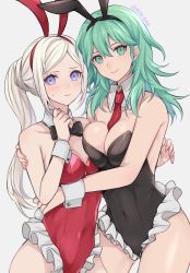 Rule 34 | 2girls, animal ears, asymmetrical docking, banned artist, bare arms, bare shoulders, black bow, black bowtie, black hairband, black leotard, blush, bow, bowtie, breast press, breasts, byleth (female) (fire emblem), byleth (fire emblem), cleavage, commentary, covered navel, cowboy shot, detached collar, edelgard von hresvelg, enlightened byleth (female), fake animal ears, fire emblem, fire emblem: three houses, frills, green eyes, green hair, grey background, hair between eyes, hairband, highres, large breasts, leotard, long hair, looking at viewer, medium breasts, multiple girls, nintendo, playboy bunny, purple eyes, rabbit ears, red hairband, red leotard, shimizu akina, silver hair, simple background, standing, strapless, strapless leotard, symbol-only commentary, thighs