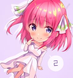 Rule 34 | 1girl, amedamacon, bare shoulders, blush, breasts, chibi, closed mouth, collarbone, commentary request, dress, drop shadow, go-toubun no hanayome, hair ribbon, highres, long hair, long sleeves, looking at viewer, medium breasts, nakano nino, off-shoulder dress, off shoulder, pink hair, purple background, purple eyes, ribbon, shoes, smile, solo, two side up, v, white dress, white footwear, white ribbon