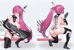 Rule 34 | 1girl, ass, black thighhighs, blush, borrowed character, breasts, bridal gauntlets, closed mouth, from behind, goddess of victory: nikke, gun, hair ornament, highres, holding, holding gun, holding weapon, kirome (kamipaper), kneeling, large breasts, long hair, multiple views, new (lk), nipples, original, pink hair, side ponytail, thighhighs, very long hair, weapon