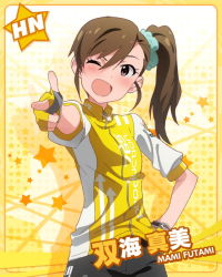 Rule 34 | 10s, 1girl, :d, ;d, bike jersey, bike shorts, brown eyes, brown hair, character name, female focus, fingerless gloves, futami mami, gloves, idolmaster, idolmaster (classic), idolmaster million live!, kawakami tetsuya, official art, one eye closed, open mouth, pointing, smile, solo, yellow background