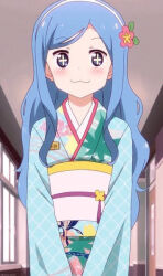 Rule 34 | + +, 1girl, blue eyes, blue hair, blush, closed mouth, dot nose, female focus, flower, flower on head, hair ornament, hallway, headband, himouto! umaru-chan, indoors, japanese clothes, kimono, long hair, long sleeves, school, solo, standing, stitched, tachibana sylphynford, third-party edit, window, yukata