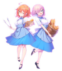 Rule 34 | 2girls, :d, ;), ahoge, alternate costume, apron, baguette, basket, black footwear, blouse, blue bow, blue bowtie, blue skirt, bow, bowtie, bread, breasts, carrying, fate/grand order, fate (series), food, fujimaru ritsuka (female), full body, gingham apron, glasses, hair ornament, hair over one eye, hair scrunchie, holding, knees together feet apart, kobeya, kobeya uniform, looking at viewer, mary janes, mash kyrielight, matching outfits, medium breasts, minoa (lastswallow), multiple girls, no socks, one eye closed, open mouth, orange hair, plaid, plaid apron, purple eyes, purple hair, scrunchie, shirt, shoes, short hair, short ponytail, short sleeves, side ponytail, simple background, skirt, smile, standing, tongs, waist apron, waitress, white background, white shirt, yellow eyes