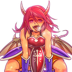 Rule 34 | 1girl, armor, bad id, bad pixiv id, bare shoulders, collarbone, cum, dragon girl, dragon horns, dragon tail, final fantasy, final fantasy tactics a2, final fantasy tactics advance, gloves, gria, heart, heart-shaped pupils, horns, kneeling, momigarakuntan, monster girl, open mouth, pointy ears, red eyes, red hair, solo, sweat, symbol-shaped pupils, tail, tongue, tongue out, wings