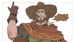 Rule 34 | 1boy, bad id, bad twitter id, beard, brown eyes, brown gloves, brown hair, cassidy (overwatch), cigar, cowboy hat, english text, facial hair, gloves, hat, index finger raised, looking at viewer, male focus, overwatch, overwatch 1, smoking, solo, stubble, transparent background