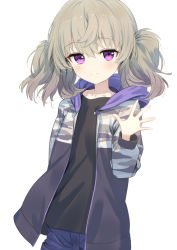 Rule 34 | 1girl, black shirt, blue shorts, closed mouth, copyright request, cowboy shot, gradient hair, grey hair, highres, hood, hooded jacket, jacket, long sleeves, looking at viewer, multicolored hair, open clothes, open jacket, purple eyes, shirt, shorts, simple background, smile, solo, twintails, wasabi60, waving, white background