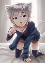 Rule 34 | 10s, 1girl, alexmaster, all fours, anastasia (idolmaster), animal ears, bed, black thighhighs, blue eyes, cat ears, cat tail, curtains, highres, idolmaster, idolmaster cinderella girls, jewelry, necklace, off shoulder, open mouth, paw pose, saliva, sweater vest, tail, thighhighs, tongue, tongue out, wardrobe malfunction, white hair