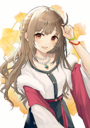 Rule 34 | 1girl, 2021, :d, arm up, black skirt, blush, braid, breasts, brown hair, commentary request, ginkgo leaf, highres, jewelry, leaf, leaf background, long hair, long sleeves, mikako, necklace, open mouth, original, pendant, red eyes, shirt, skirt, small breasts, smile, solo, very long hair, white background, white shirt, wide sleeves
