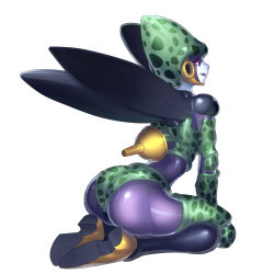 Rule 34 | 1girl, absurdres, ass, cell (dragon ball), colored skin, dragon ball, dragonball z, facial mark, fengmo, full body, genderswap, genderswap (mtf), highres, licking lips, looking at viewer, looking back, monster girl, purple skin, seiza, shoes, simple background, sitting, solo, tongue, tongue out, white background, wings, yellow footwear