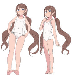 Rule 34 | 1girl, bare arms, bare legs, bare shoulders, barefoot, blue eyes, blush, breasts, brown hair, closed mouth, covered navel, highres, long hair, low twintails, multiple views, old school swimsuit, one-piece swimsuit, original, saiste, school swimsuit, sidelocks, simple background, small breasts, soles, sweat, swimsuit, twintails, very long hair, white background, white one-piece swimsuit