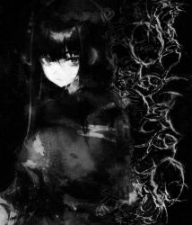 Rule 34 | 1girl, abstract, abstract background, black background, black eyes, black hair, breasts, cryinggsilence, highres, large breasts, long hair, looking at viewer, monochrome, original, serious, sidelocks, smoke, upper body