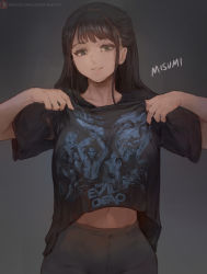 Rule 34 | 1girl, black shirt, character request, clothes lift, cutesexyrobutts, evil dead, grey background, highres, long hair, looking at viewer, navel, pants, patreon logo, patreon username, real life, shirt, shirt lift, short sleeves, smile, solo, tagme, virtual youtuber
