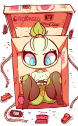 Rule 34 | 1girl, animated, animated gif, annoyed, antennae, arms behind back, arms up, artist name, black thighhighs, blue eyes, box, breasts, brown footwear, celebi, cellphone, character name, cleft of venus, closed eyes, closed mouth, colored skin, creatures (company), crossed legs, dated, diives, english text, female focus, freckles, from above, full body, furry, furry female, game boy, game boy (original), game freak, gen 2 pokemon, green hair, green skin, hair tie, half-closed eyes, handheld game console, hands up, highres, holding, in box, in container, joy-con, legendary pokemon, legs together, legs up, looking down, looking to the side, lying, medium breasts, multicolored skin, mythical pokemon, nintendo, nintendo switch, nipples, on back, open mouth, patreon logo, patreon username, personification, phone, poke ball, poke ball (basic), pokemon, pokemon (creature), pussy, rope, shoes, unworn shoes, signature, solo, spread legs, thighhighs, topknot, torn clothes, torn thighhighs, two-tone skin, uncensored, wii u gamepad