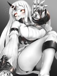Rule 34 | 10s, 1girl, abyssal ship, bags under eyes, bare shoulders, blush, boots, breasts, claws, detached collar, dress, female focus, glowing, glowing eyes, horns, kantai collection, large breasts, long hair, magu (mugsfc), pale skin, panties, red eyes, revision, ribbed dress, seaport princess, sideboob, single horn, sitting, solo, underwear, white footwear, white panties