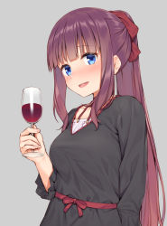 Rule 34 | 10s, 1girl, :d, alcohol, arm at side, black dress, blue eyes, blunt bangs, blush, bow, breasts, collarbone, cup, dress, drinking glass, grey background, hair bow, holding, holding cup, holding drinking glass, long hair, long sleeves, looking at viewer, medium breasts, mikazuchi zeus, new game!, open mouth, ponytail, purple hair, red bow, red ribbon, ribbon, sidelocks, simple background, smile, solo, takimoto hifumi, upper body, very long hair, wine, wine glass
